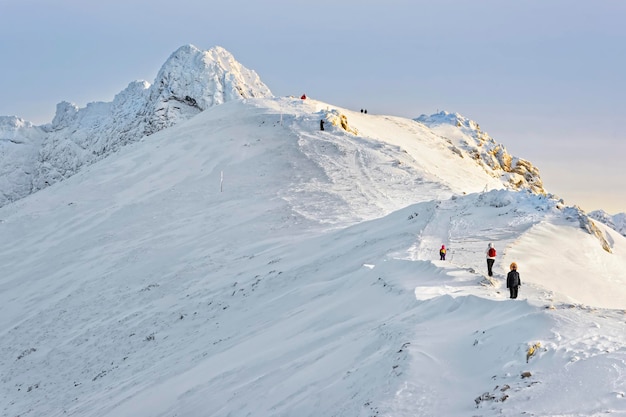 Les gens grimpent au sommet de Kasprowy Wierch de Zakopane en hiver. Zakopane est une ville de Pologne dans les Tatras. Kasprowy Wierch est une montagne à Zakopane et le domaine skiable le plus populaire de Pologne