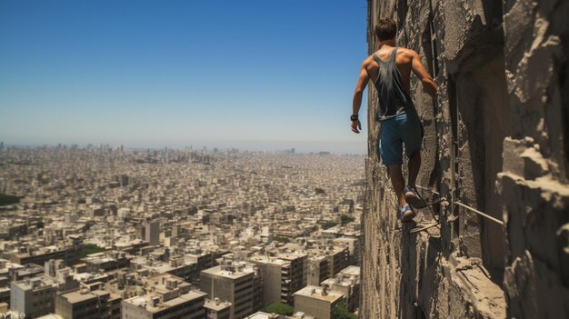 Les gens grimpent à la corde en rappel sur la roche l'image de fond de la ville Ai a généré de l'art