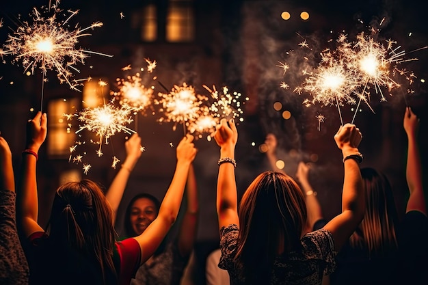 Des gens heureux célèbrent le Nouvel An avec la lumière du Bengale et du champagne à la fête Gros plan IA générative