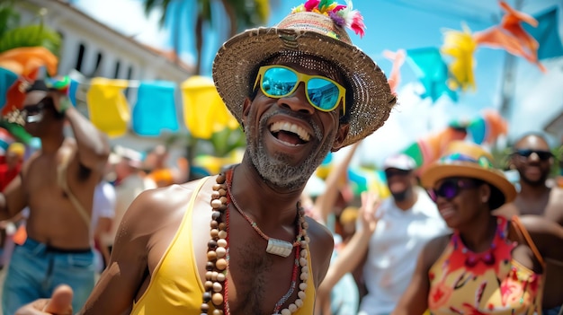 Photo des gens heureux dansant à un carnaval. ils portent des vêtements et des accessoires colorés.