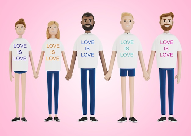 Des gens heureux de différentes nationalités se tenant la main. communauté LGBT. Un groupe d'activistes gays, lesbiennes, bisexuels et transgenres. Illustration 3D en style cartoon.