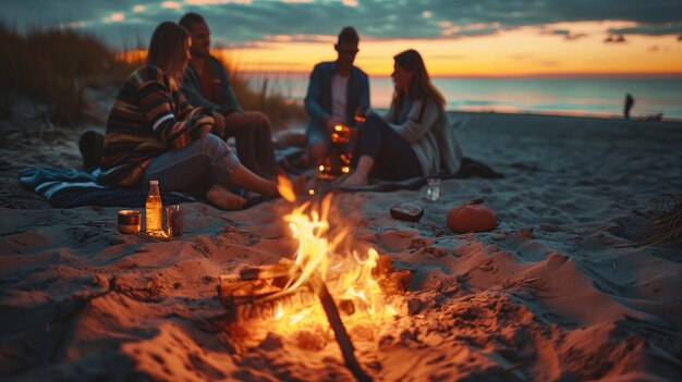 Des gens heureux lors d'un pique-nique confortable sur la plage le soir. Focus sélectif, vibe positif, feu de camp.