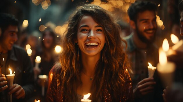 Photo des gens heureux avec des lumières de noël