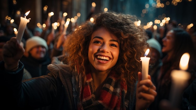 Photo des gens heureux avec des lumières de noël