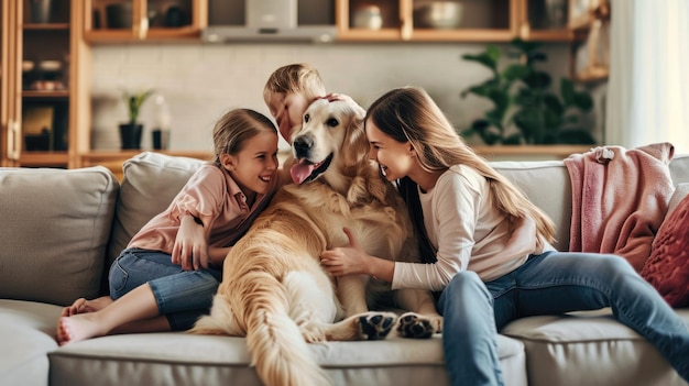 Des gens heureux à la maison avec leur animal de compagnie préféré, l'amour et l'amitié.