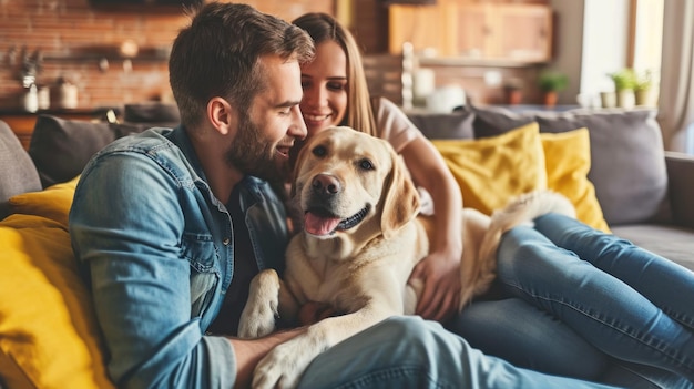 Des gens heureux à la maison avec leur animal de compagnie préféré, l'amour et l'amitié.