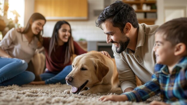 Des gens heureux à la maison avec leur animal de compagnie préféré, l'amour et l'amitié.