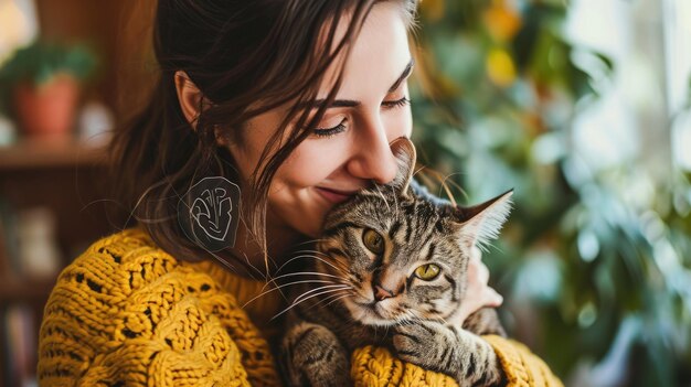 Photo des gens heureux à la maison avec leur animal de compagnie préféré, l'amour et l'amitié.