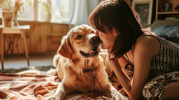 Des gens heureux à la maison avec leur animal de compagnie préféré, l'amour et l'amitié.