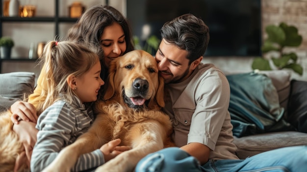 Des gens heureux à la maison avec leur animal de compagnie préféré, l'amour et l'amitié.