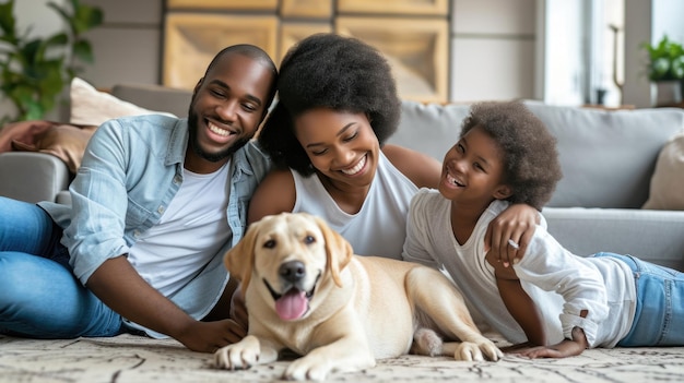 Des gens heureux à la maison avec leur animal de compagnie préféré, l'amour et l'amitié.