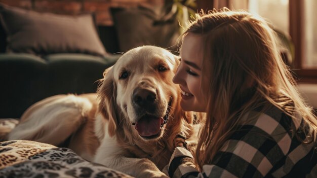 Des gens heureux à la maison avec leur animal de compagnie préféré, l'amour et l'amitié.