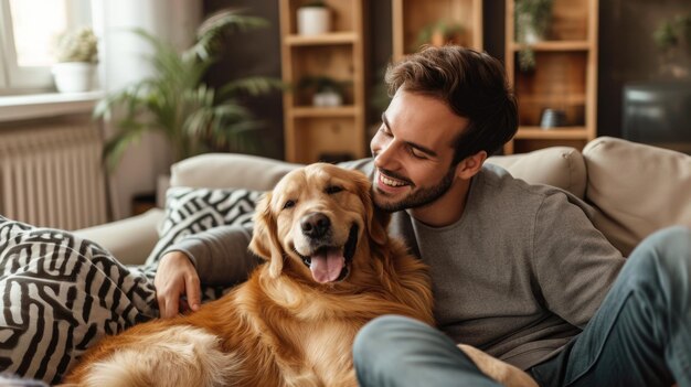 Des gens heureux à la maison avec leur animal de compagnie préféré, l'amour et l'amitié.