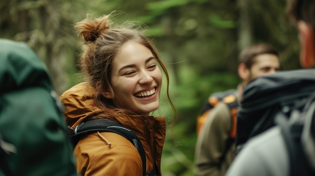 Des gens heureux en randonnée dans un paysage naturel en train de rire et de sourire AIG41