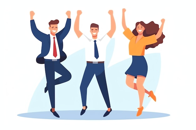 Photo des gens heureux sautant et applaudissant pour célébrer la victoire réussir à gagner et être heureux en dessin animé plat