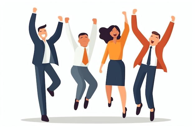 Photo des gens heureux sautant et applaudissant pour célébrer la victoire réussir à gagner et être heureux en dessin animé plat