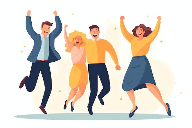 Des gens heureux sautant et applaudissant pour célébrer la victoire Réussir à gagner et être heureux en dessin animé plat