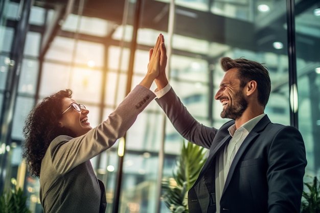 Des gens heureux se donnent un high five dans un bureau d'affaires lumineux grâce à l'IA générative