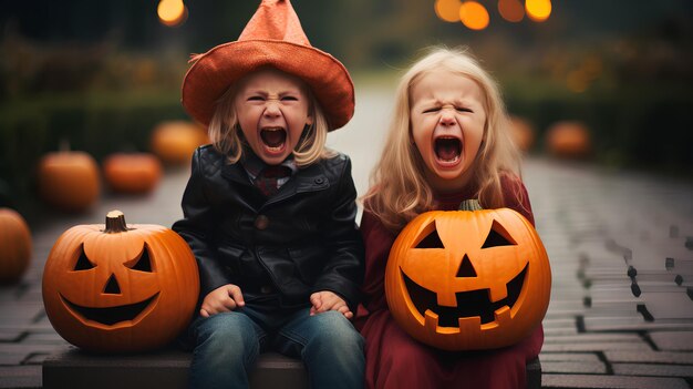 Les gens hurlent d'Halloween effrayant quand ils célèbrent Halloween avec une créature effrayante derrière eux.