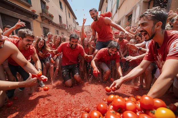 Les gens jettent joyeusement des tomates au festival de La Tomatina