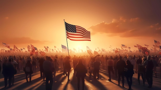 Les gens marchant dans une foule avec le drapeau américain en arrière-plan