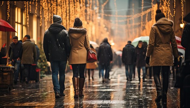 les gens marchent au moment de Noël