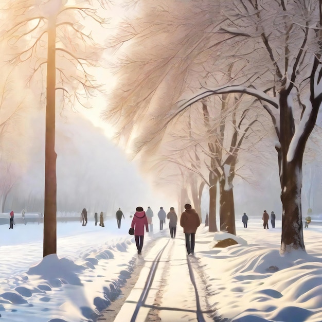 Les gens marchent au pays des merveilles d'hiver avec la beauté tranquille d'un matin enneigé