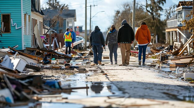 Des gens marchent dans un quartier dévasté après une catastrophe naturelle, les maisons sont détruites et les rues sont remplies de débris.