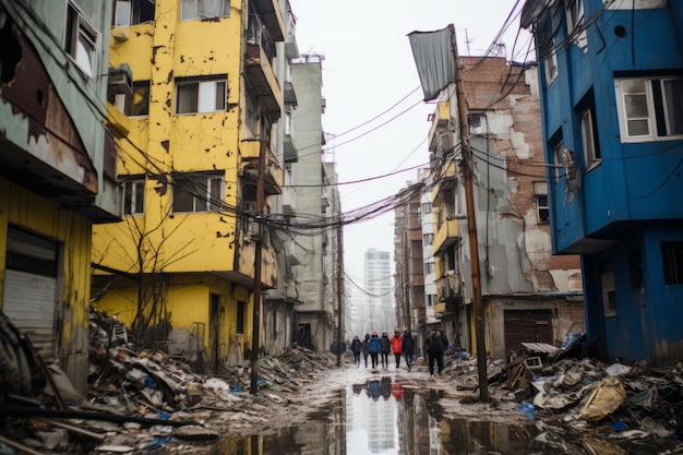 Des gens marchent dans une rue inondée au milieu d'une zone urbaine.