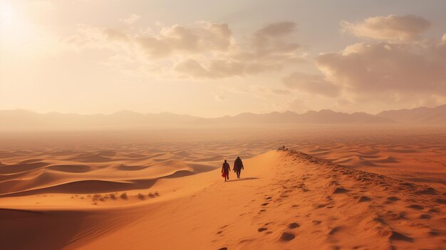 Les gens marchent dans le vaste désert