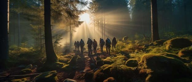 Les gens marchent à distance dans les bois sombres au lever du soleil bannière avec un groupe de randonneurs dans la forêt de pins paysage avec des hommes lumière du soleil et des arbres concept de randonnée voyage nature aventure et voyage IA générative