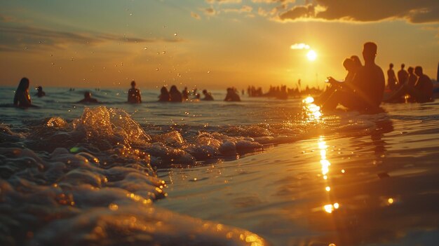 Les gens marchent sur la plage au coucher du soleil les vagues touchent leurs pieds avec l'océan étincelant dans la lumière dorée