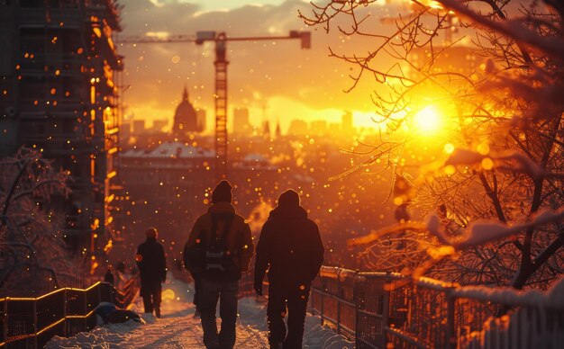 Des gens marchent sur un pont couvert de neige lors d'une journée d'hiver ensoleillée à Moscou, en Russie.