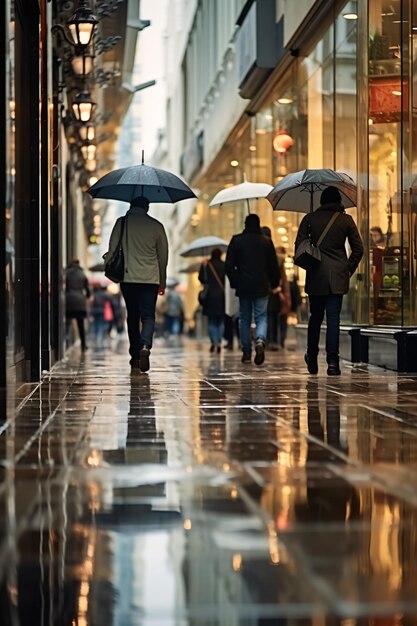 Les gens marchent sous la pluie dans une grande ville.