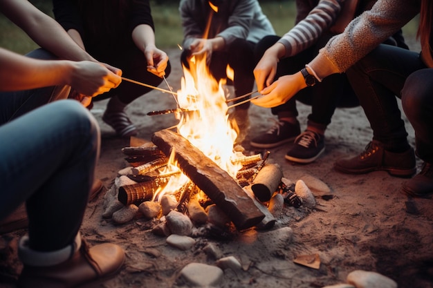 des gens méconnaissables se sont réunis autour d'un feu de joie pour rôtir des guimauves et profiter d'un voyage de camping