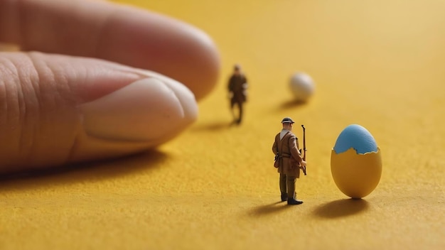 Des gens en miniature et un œuf sur un fond jaune texturé