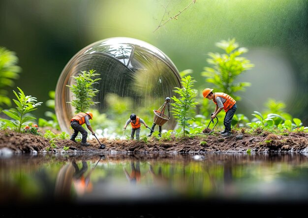 Photo des gens en miniature un ouvrier plante des semis dans le jardin avec un globe d'eau