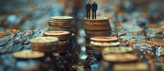Photo les gens en miniature les petits hommes d'affaires debout sur une pile de pièces d'argent le concept de croissance commerciale de la finance image panoramique