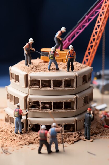 Photo des gens en miniature qui construisent un gâteau