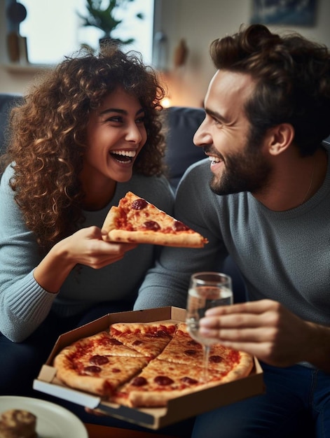 Des gens modernes mangeant de la pizza à la télévision sur le canapé se sentant heureux en train de regarder une émission de télévision ensemble.