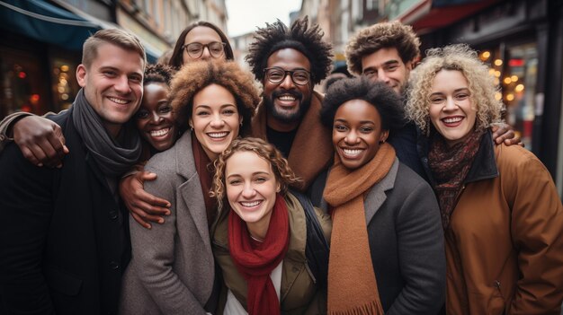 Photo des gens multiraciaux heureux dans la rue souriant et embrassant des étudiants étrangers de différents âges générés par l'ia