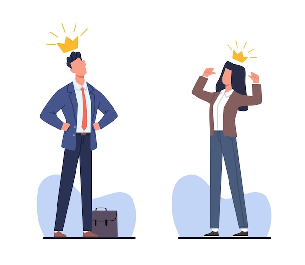 Les gens narcissiques hommes et femmes loués et fiers d'eux-mêmes confiance attitude égoïste gens d'affaires narcissique dans la couronne dessin animé plat illustration isolée concept vectoriel