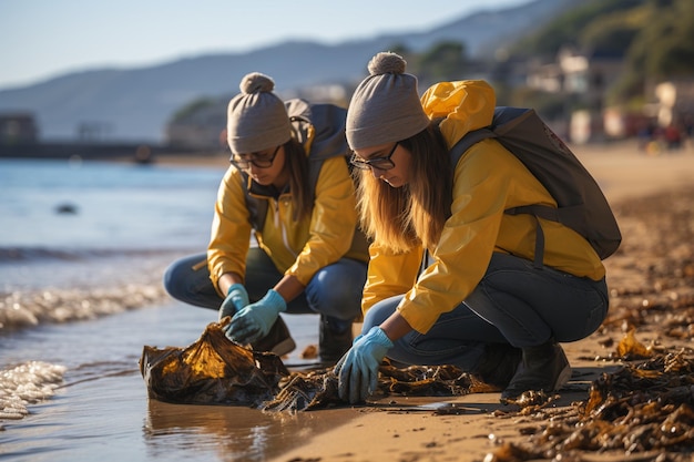 Les gens nettoient le bord de mer des ordures en plastique d'élimination