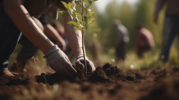 Les gens plantent des arbres ou travaillent dans un jardin communautaire en gros plan généré par l'IA