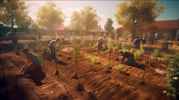 Les gens plantent des arbres ou travaillent dans un jardin communautaire pour promouvoir la production alimentaire locale et le concept de restauration de l'habitat de la durabilité et de l'engagement communautaire Generative AI