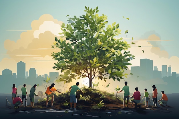 Les gens plantent des arbres ou travaillent dans un jardin communautaire pour promouvoir la production alimentaire locale et la restauration de l'habitat ai génératif