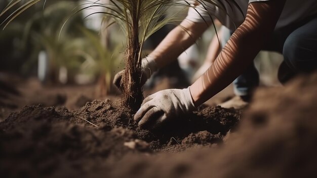 Les gens plantent des palmiers en gros plan