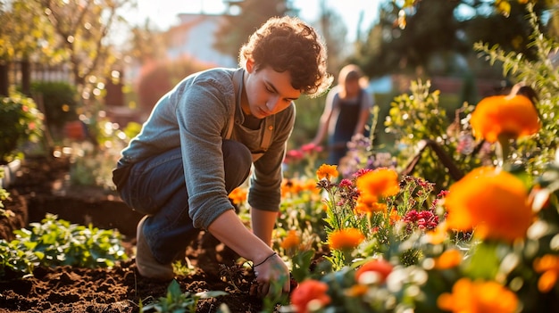 Les gens plantent des plantes et des fleurs dans le jardin.