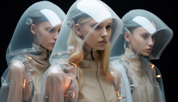 les gens portent des vêtements de mode futuristes dans le futur