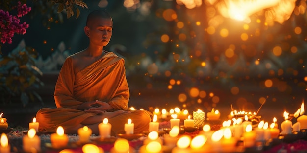 Les gens prient dans la fête bouddhiste de Vesak à l'extérieur éclairé avec des bougies ai générées